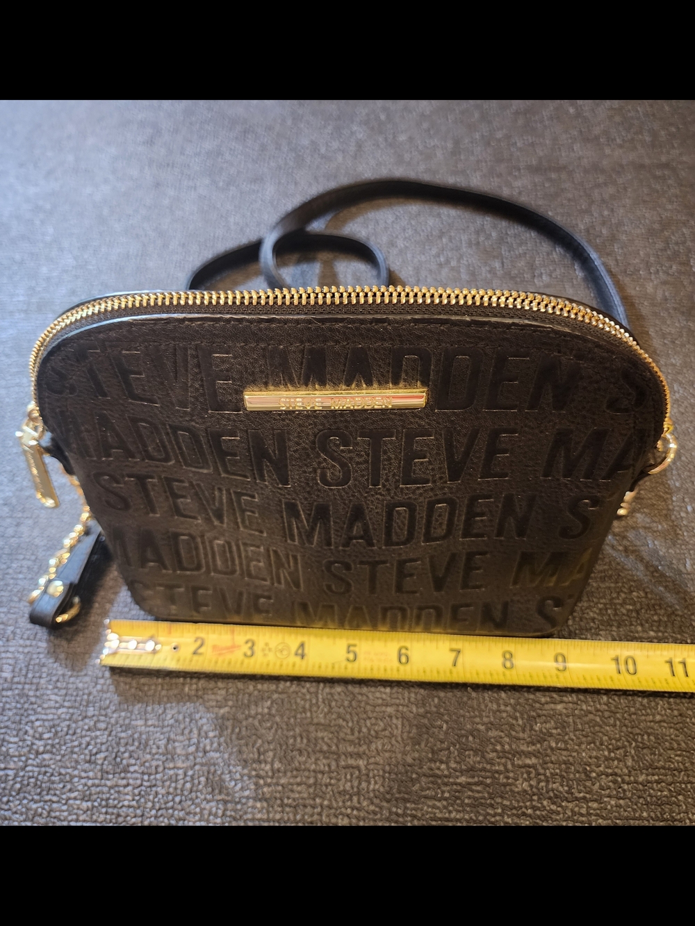 Steve Madden Black Embossed Logo Dome Crossbody with Gold Hardware